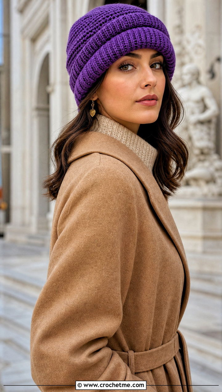 Double Brim HDC Crochet Beanie With Sweater Dress - 20 hdc crochet beanie outfit ideas