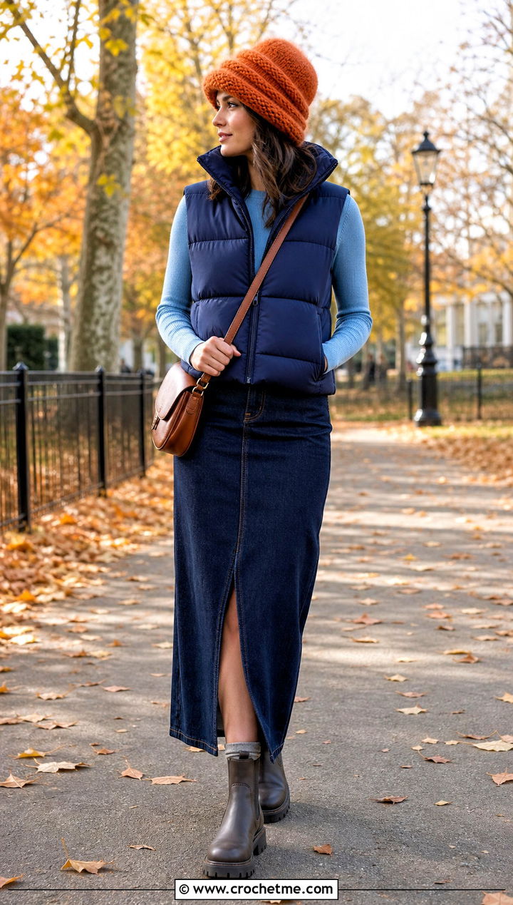 Double Brim Mohair Crochet Beanie With Puffer Vest And Column Skirt - 35 mohair crochet beanie outfit ideas
