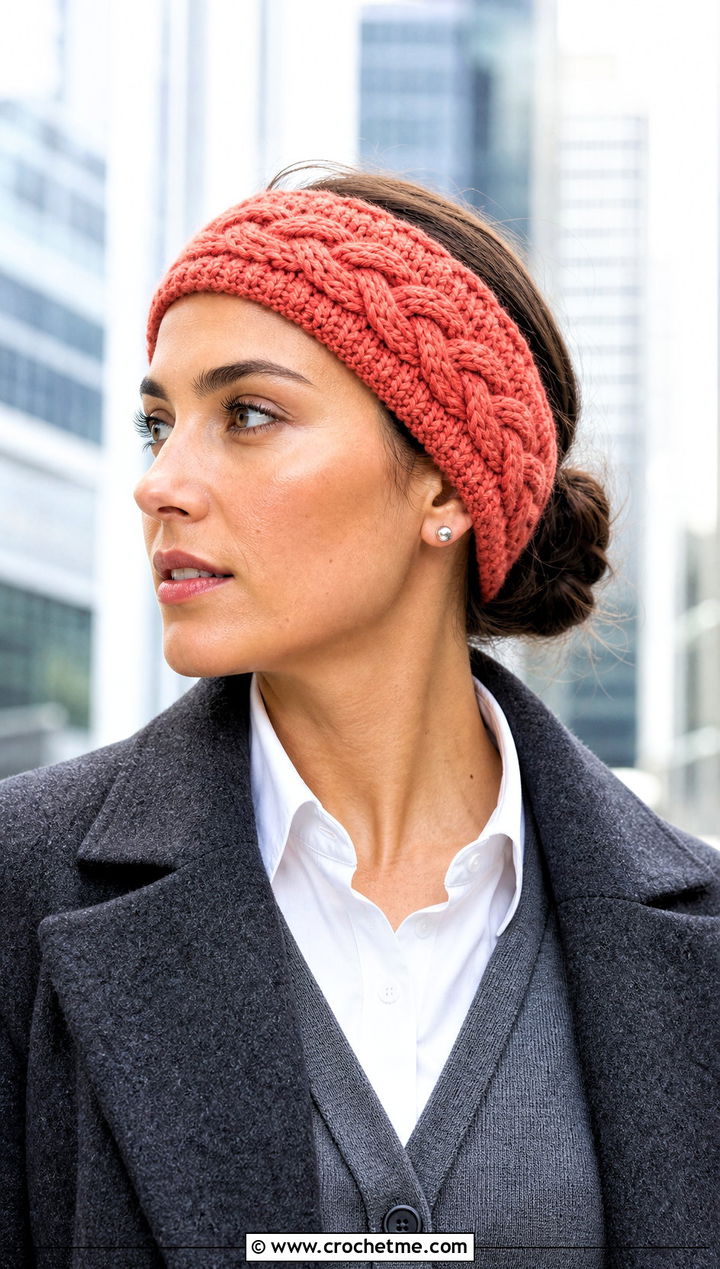 Double Cable Crochet Ear Headband With Sweater Vest And Trousers - 30 crochet ear headband outfit ideas