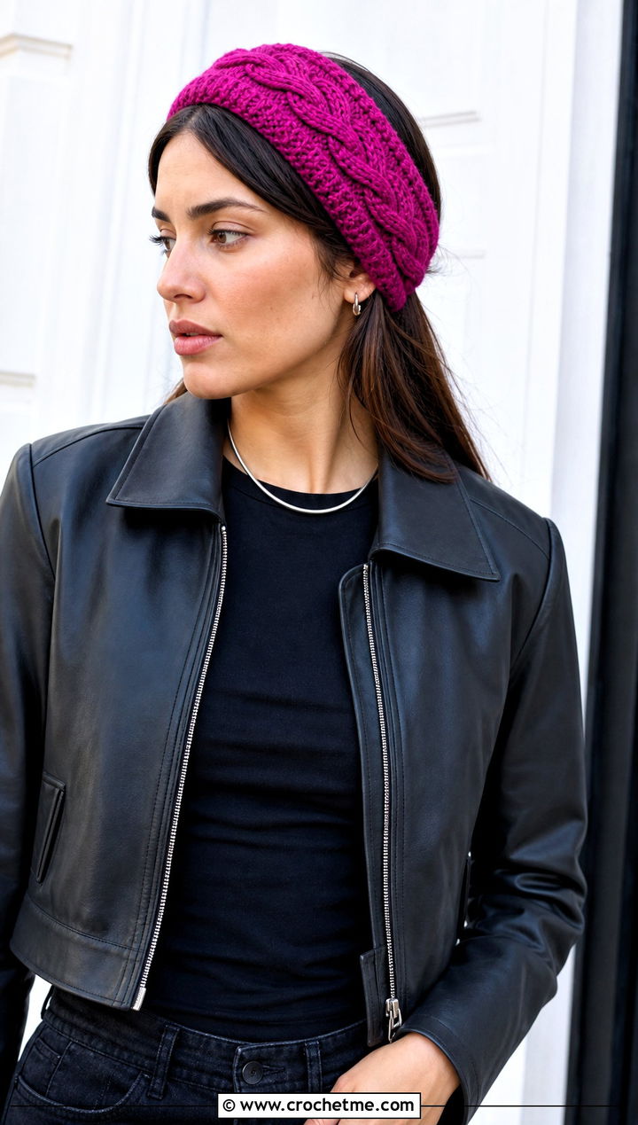 Double Cable Headband With Leather Jacket - 15 cable crochet headband outfit ideas