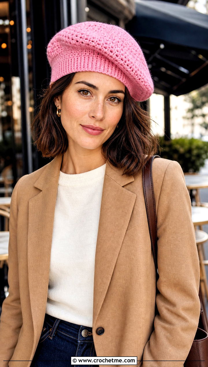 Double Crochet Beret With Blazer And Jeans - 30 double crochet hat outfit ideas
