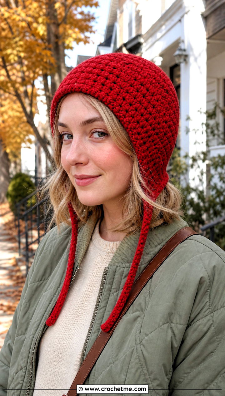Double Crochet Bonnet Hat With Quilted Jacket - 30 double crochet hat outfit ideas