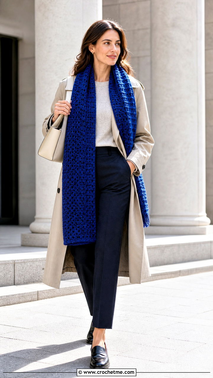 Double Crochet Long Scarf With Trench Coat - 35 beginner crochet scarf outfit ideas