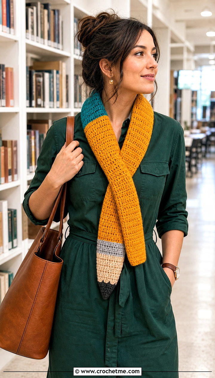 Double Crochet Pencil Scarf With Shirt Dress - 30 Pencil Crochet Scarf outfit ideas