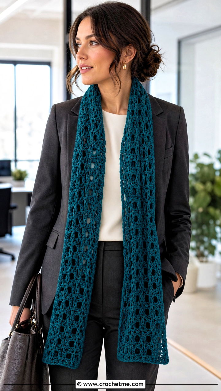 Double Crochet Scarf With Blazer And Trousers - 20 Beginner Crochet Projects Scarf outfit ideas