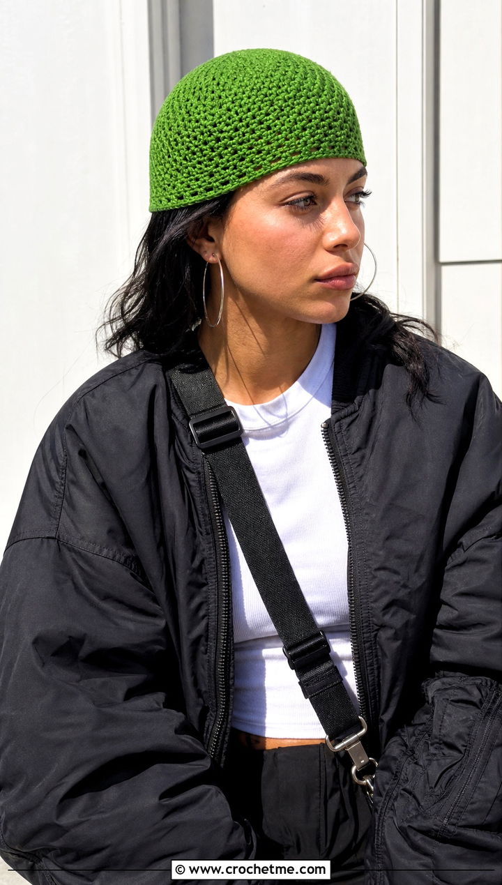 Double Crochet Skull Cap With Bomber Jacket - 30 double crochet hat outfit ideas