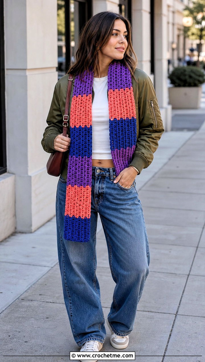 Double Crochet Temperature Scarf With Bomber Jacket - 30 crochet temperature scarf outfit ideas