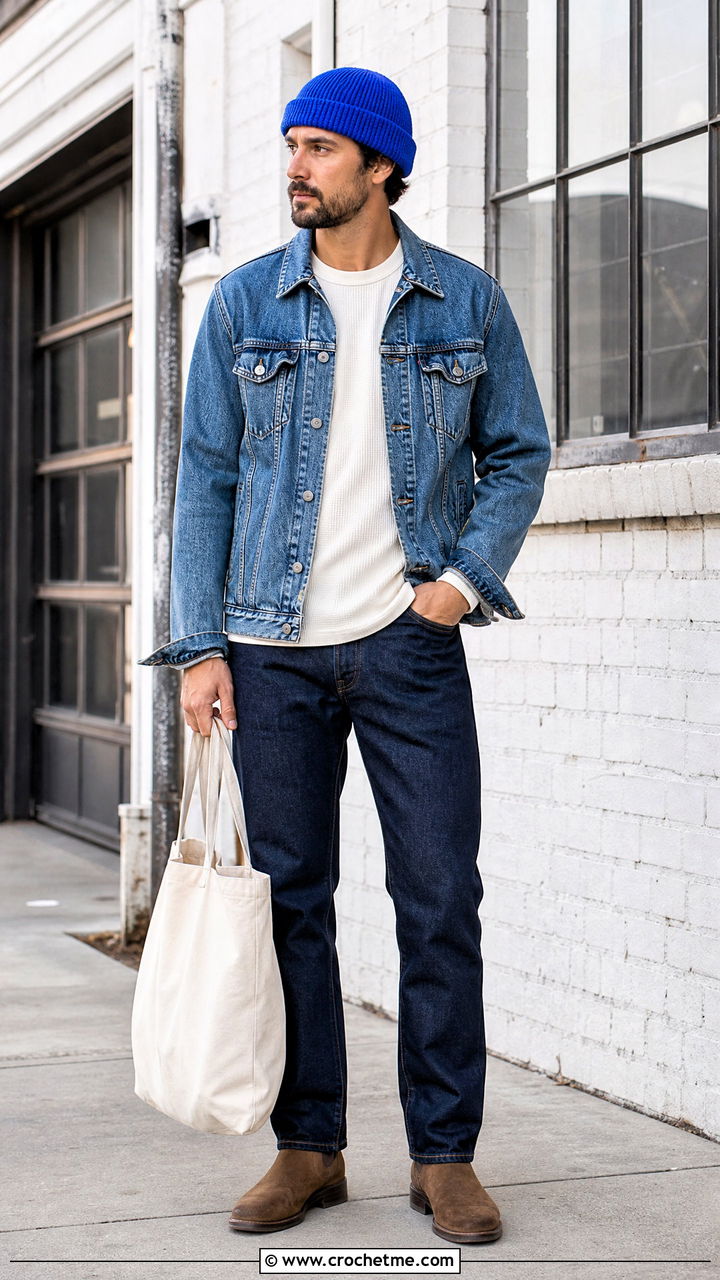 Double Cuff Crochet Beanie With Denim Jacket And Jeans - 35 crochet beanie for men outfit ideas