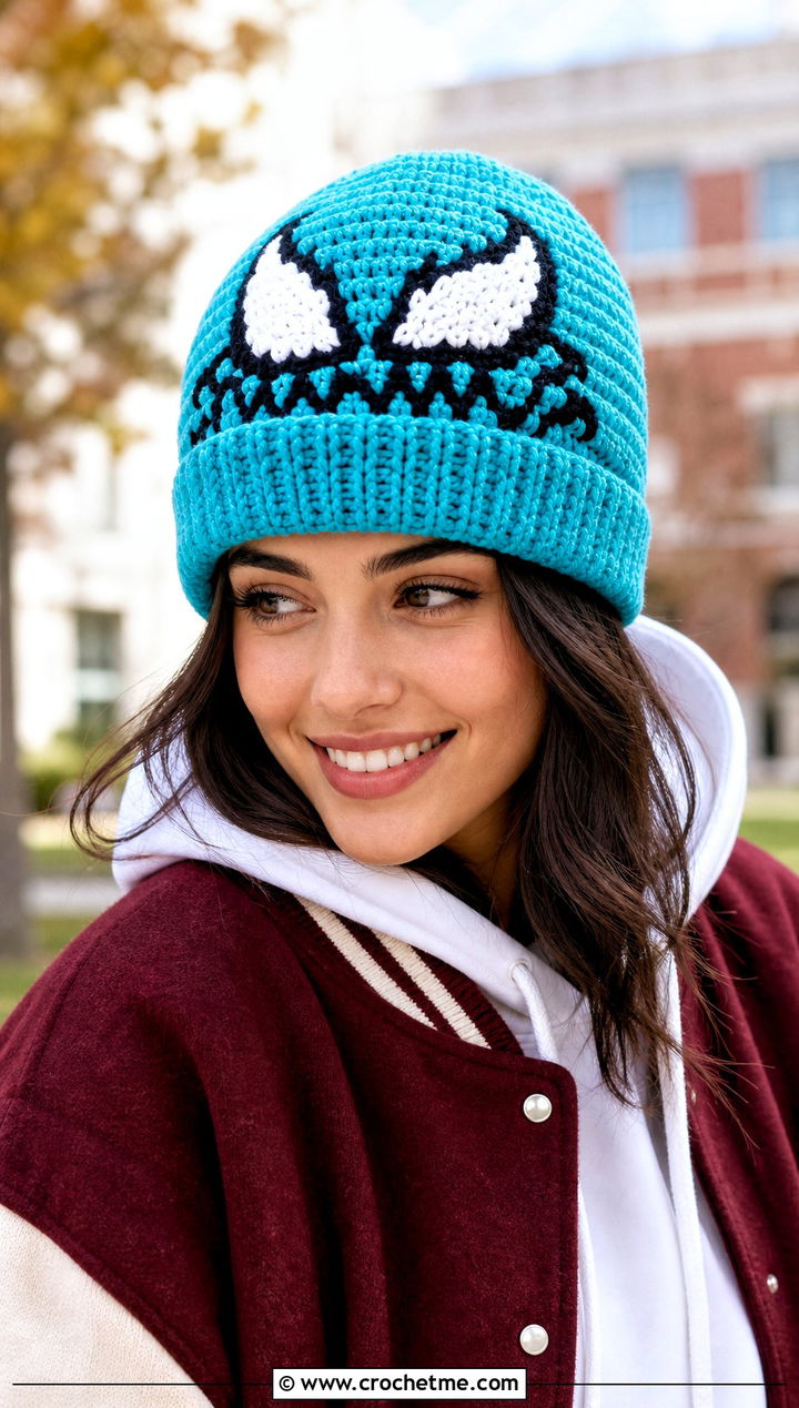 Double Cuff Venom Crochet Beanie With Varsity Jacket - 25 venom crochet beanie outfit ideas