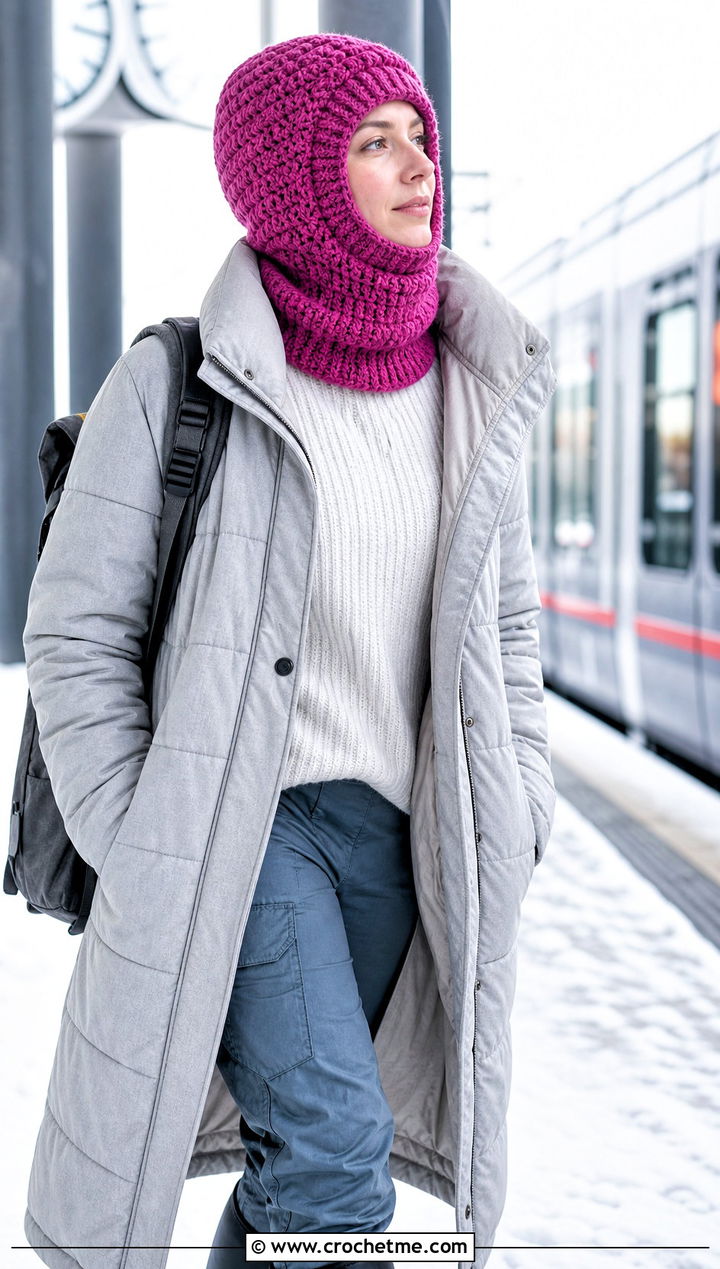 Double Layer Crochet Balaclava Hat With Quilted Coat - 15 Double Layer Crochet Hat outfit ideas