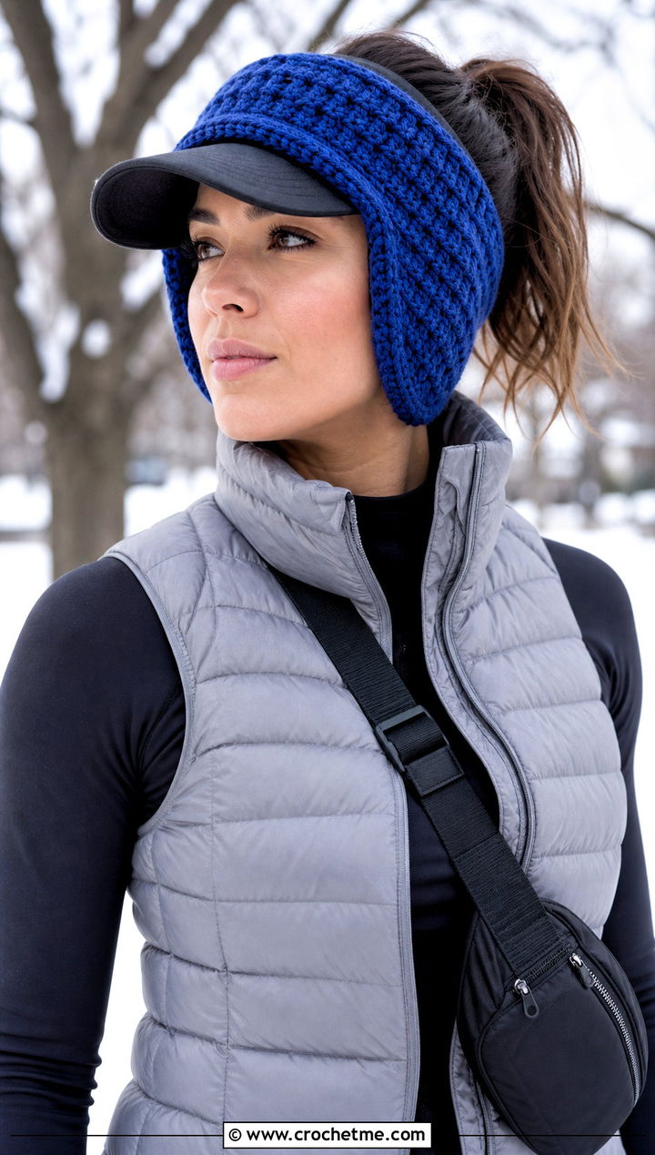 Double Layer Crochet Baseball Hat Ear Warmer With Puffer Vest - 25 Crochet Baseball Hat Ear Warmer outfit ideas