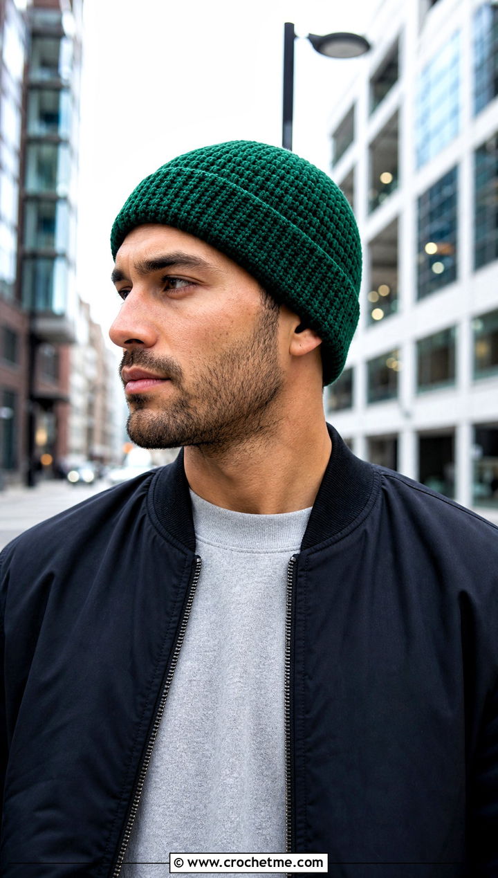Double Layer Crochet Beanie With Bomber Jacket - 30 mens crochet hats men's beanie outfit ideas