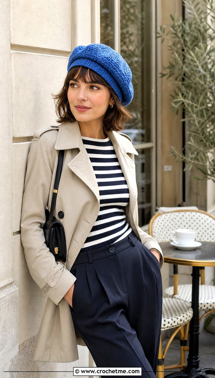 Double Layer Crochet Beret With Striped Sweater - 15 Double Layer Crochet Hat outfit ideas