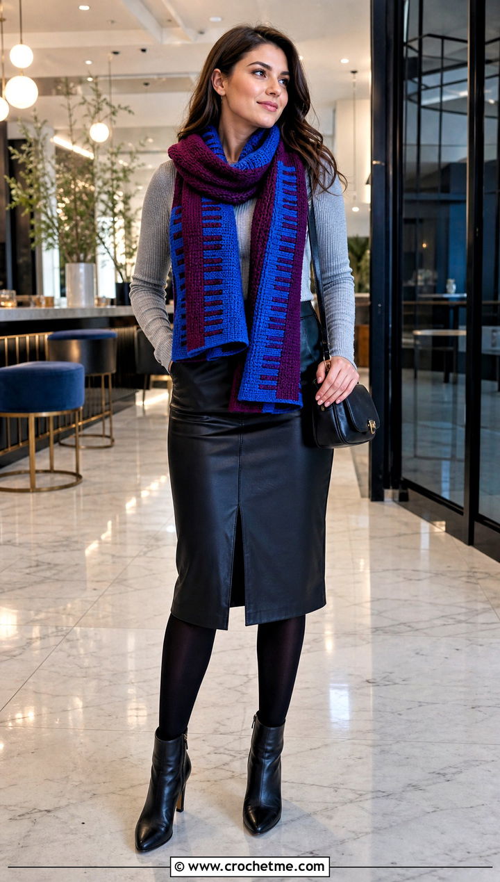 Double Layer Piano Scarf With Faux Leather Skirt - 35 crochet piano scarf outfit ideas