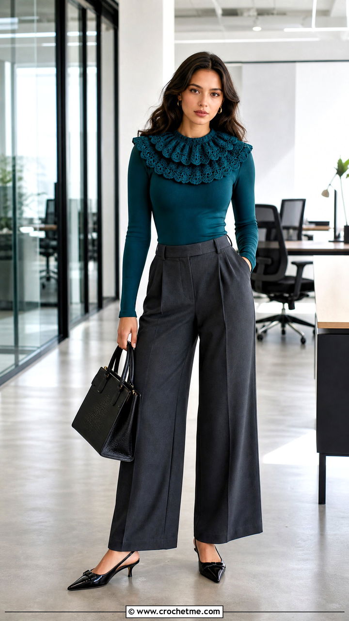 Double Layer Ruffle Crochet Clown Collar With Tailored Trousers - 35 crochet clown collar outfit ideas