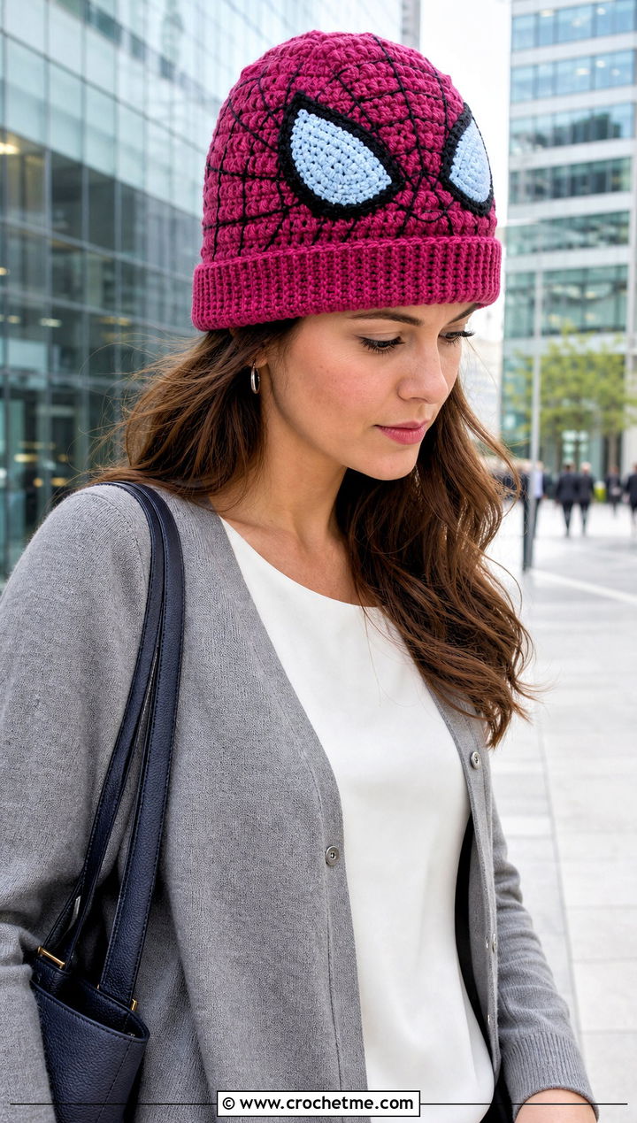 Double Layer Spider Gwen Crochet Beanie With Office Cardigan - 20 Spider Gwen Crochet Beanie outfit ideas