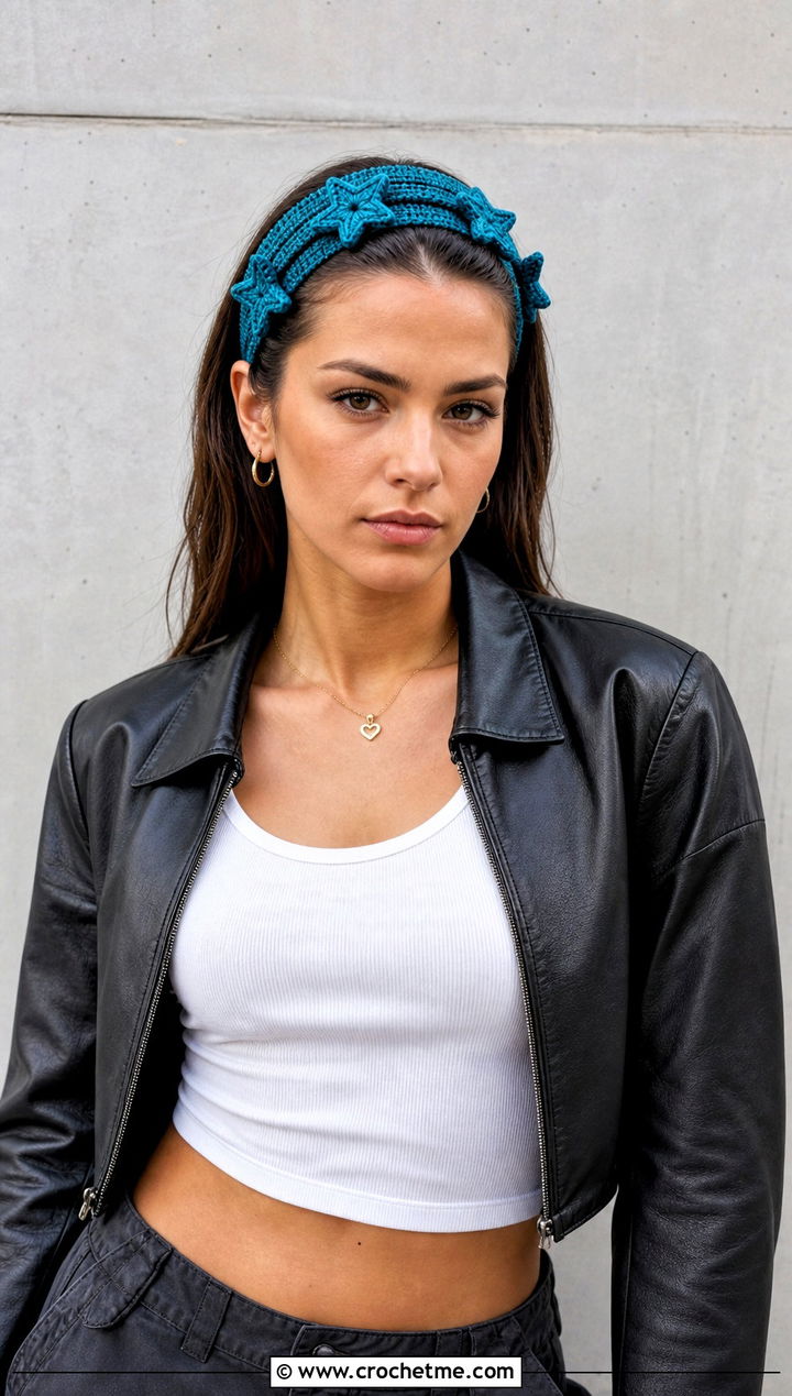 Double Layer Star Headband With Leather Jacket - 25 crochet star headband outfit ideas