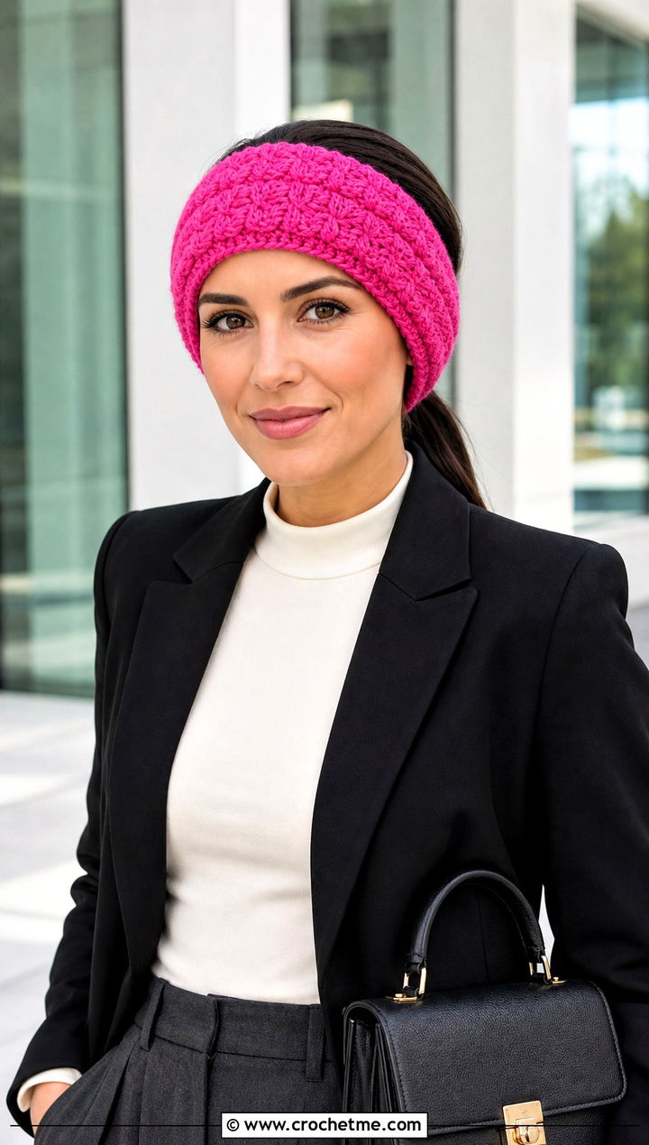Double Layered Star Stitch Ear Warmer With Blazer And Trousers - 15 Crochet Star Stitch Ear Warmer outfit ideas