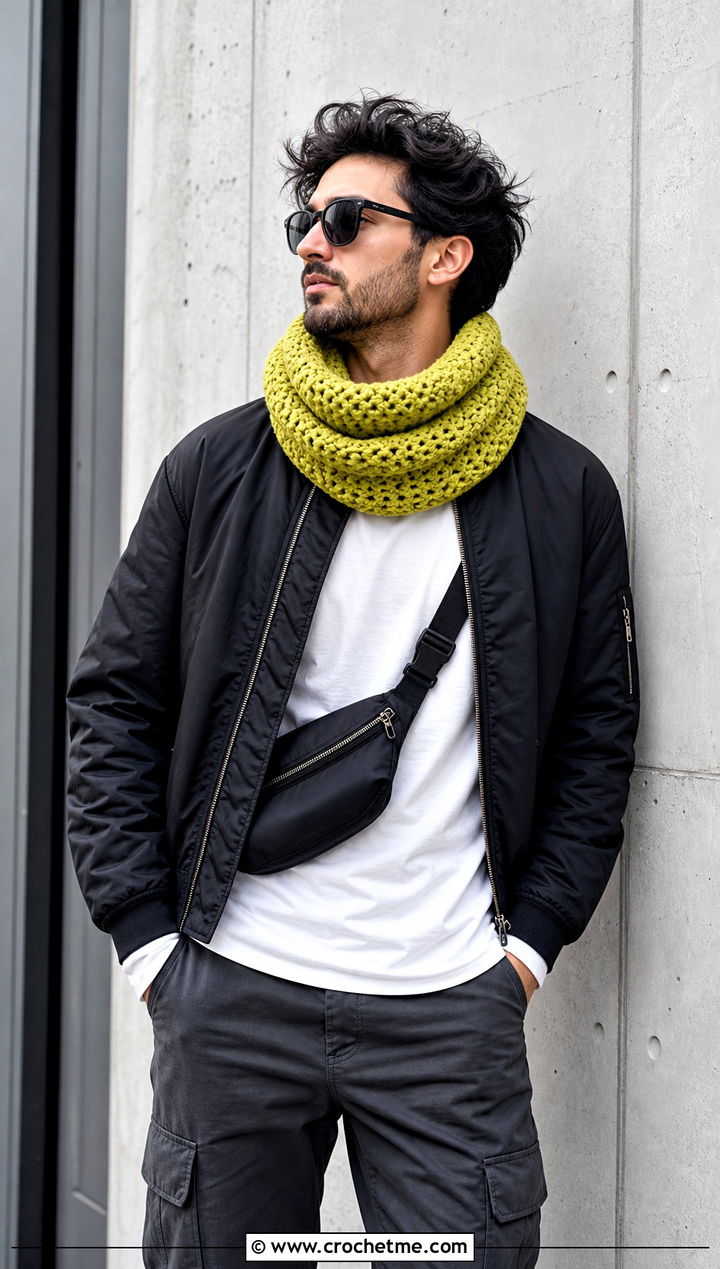 Double Loop Crochet Infinity Cowl With Bomber Jacket - 25 Men Crochet Cowl outfit ideas