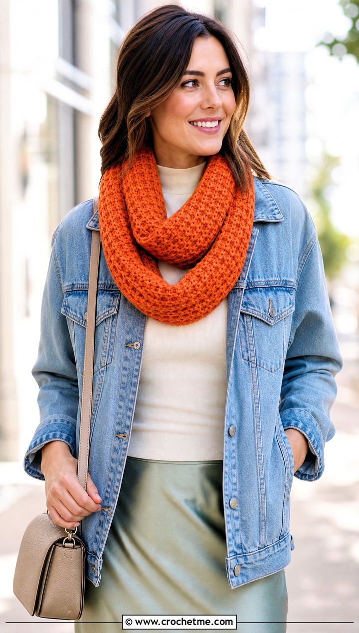 Double Loop Waffle Stitch Infinity Scarf With Denim Jacket - 30 waffle stitch crochet scarf outfit ideas