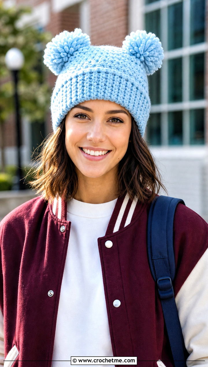 Double Pom Crochet Bobble Hat With Varsity Jacket - 30 crochet bobble hat outfit ideas