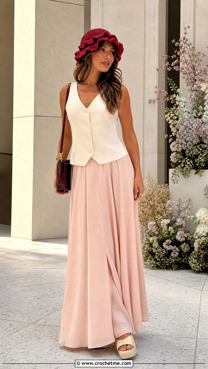 Double Ruffle Bucket Hat With Vest And Maxi Skirt - 35 crochet ruffle hat outfit ideas