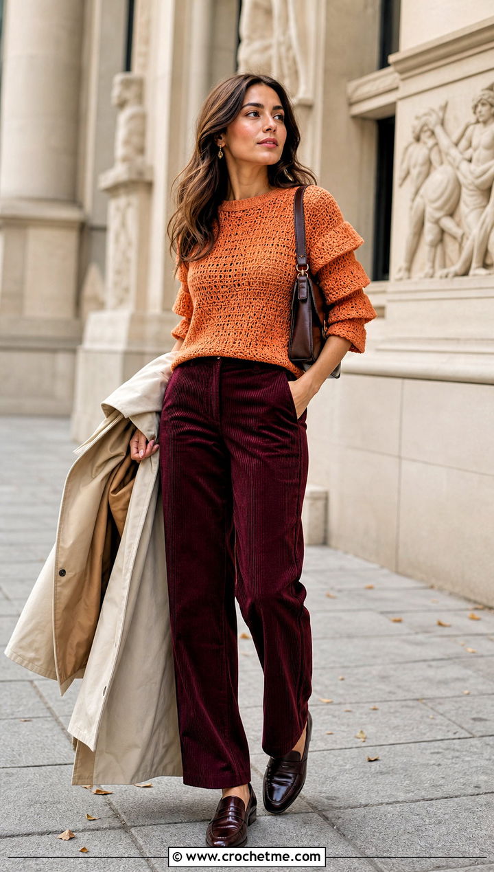 Double Ruffle Sleeve Crochet Top With Corduroy Pants - 30 crochet ruffle sleeve top outfit ideas