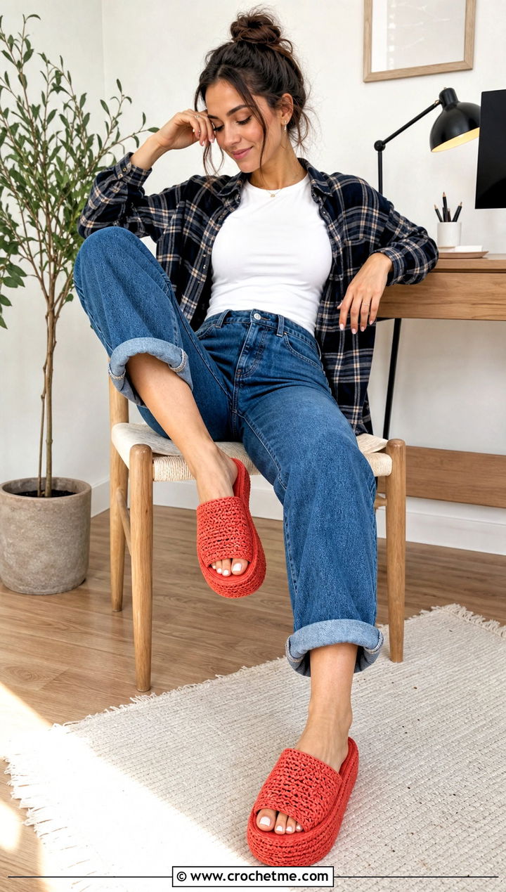 Double Sole Rectangle Crochet Slippers With Jeans And Flannel - 20 Easy Crochet Slippers From A Rectangle outfit ideas
