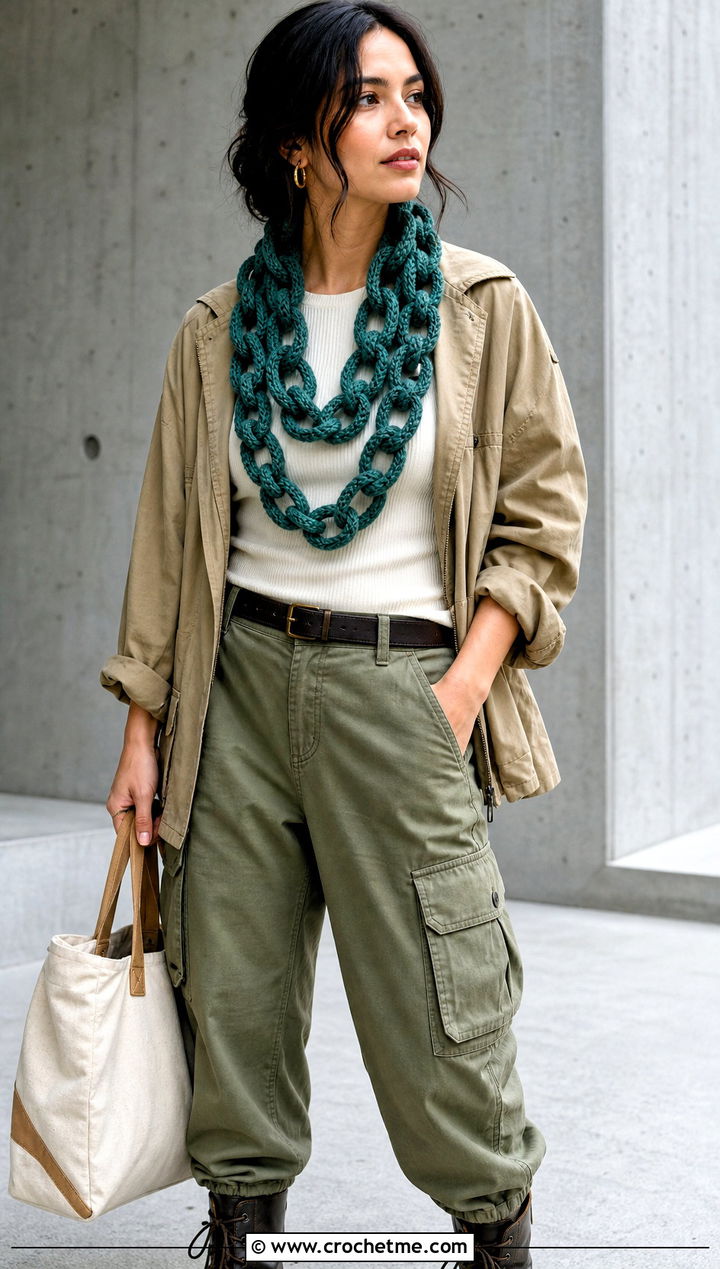 Double Strand Chain Link Crochet Scarf With Utility Jacket And Cargo Pants - 15 Chain Link Crochet Scarf outfit ideas