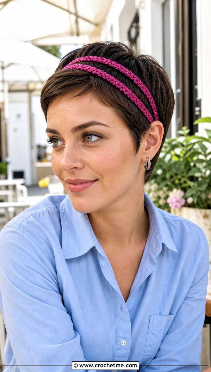 Double Strand Crochet Headband With Shirt And Shorts - 25 crochet headband for short hair outfit ideas