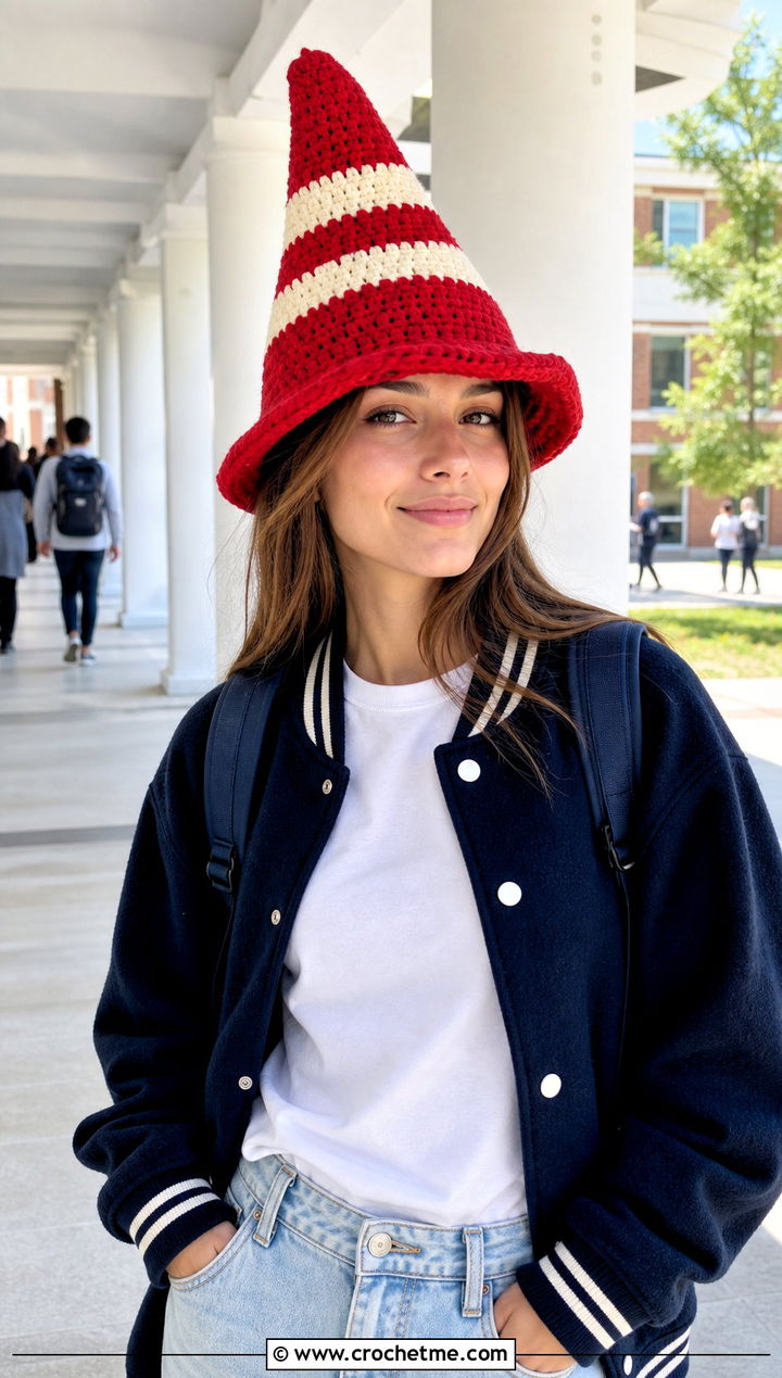 Double Stripe Crochet Traffic Cone Hat With Varsity Jacket - 25 crochet traffic cone hat outfit ideas