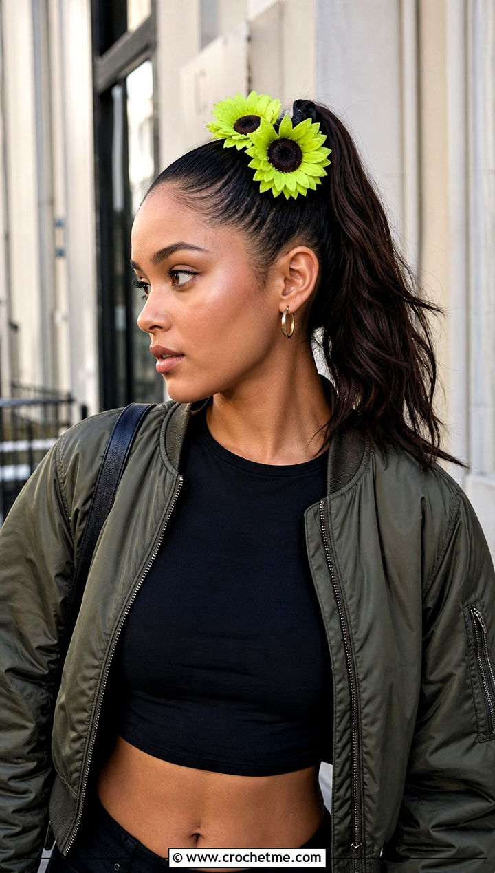 Double Sunflower Headband With Cargo Pants - 25 Crochet Sunflower Headband outfit ideas