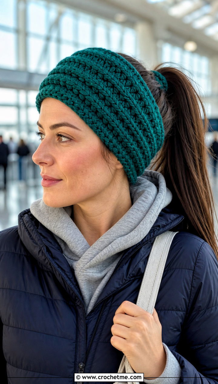 Double Thick Crochet Ponytail Headband With Sweatsuit - 25 crochet headband with ponytail hole outfit ideas