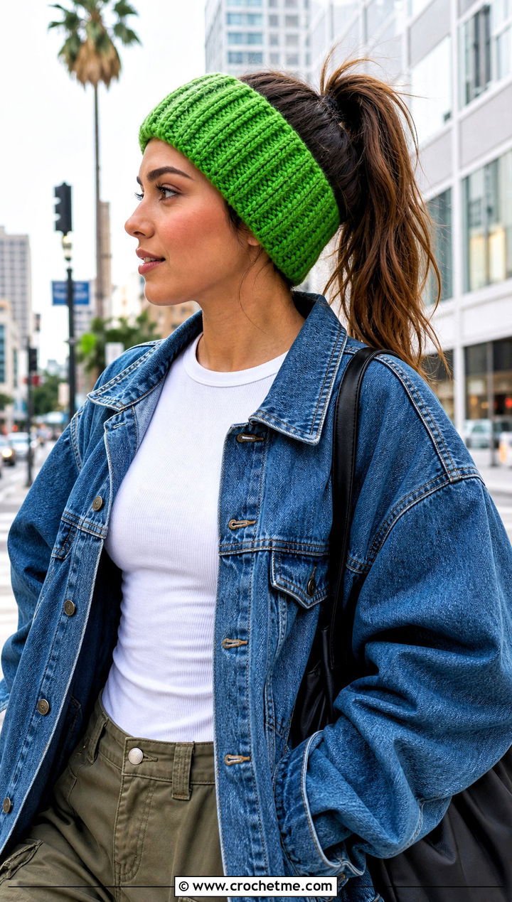 Double Thick Ribbed Crochet Headband With Denim Jacket - 15 Cozy Ribbed Crochet Headband outfit ideas