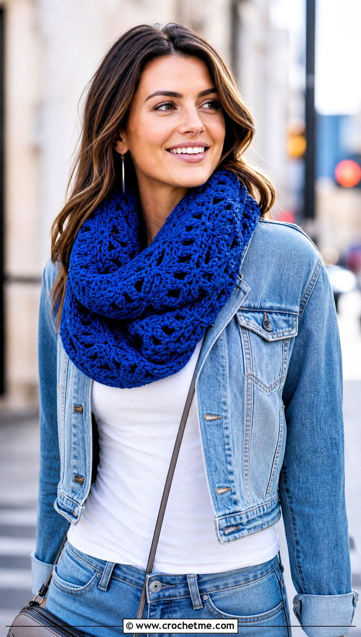 Double Wrap Bellflower Infinity Crochet Scarf With Straight Leg Jeans - 15 bellflower infinity crochet scarf outfit ideas
