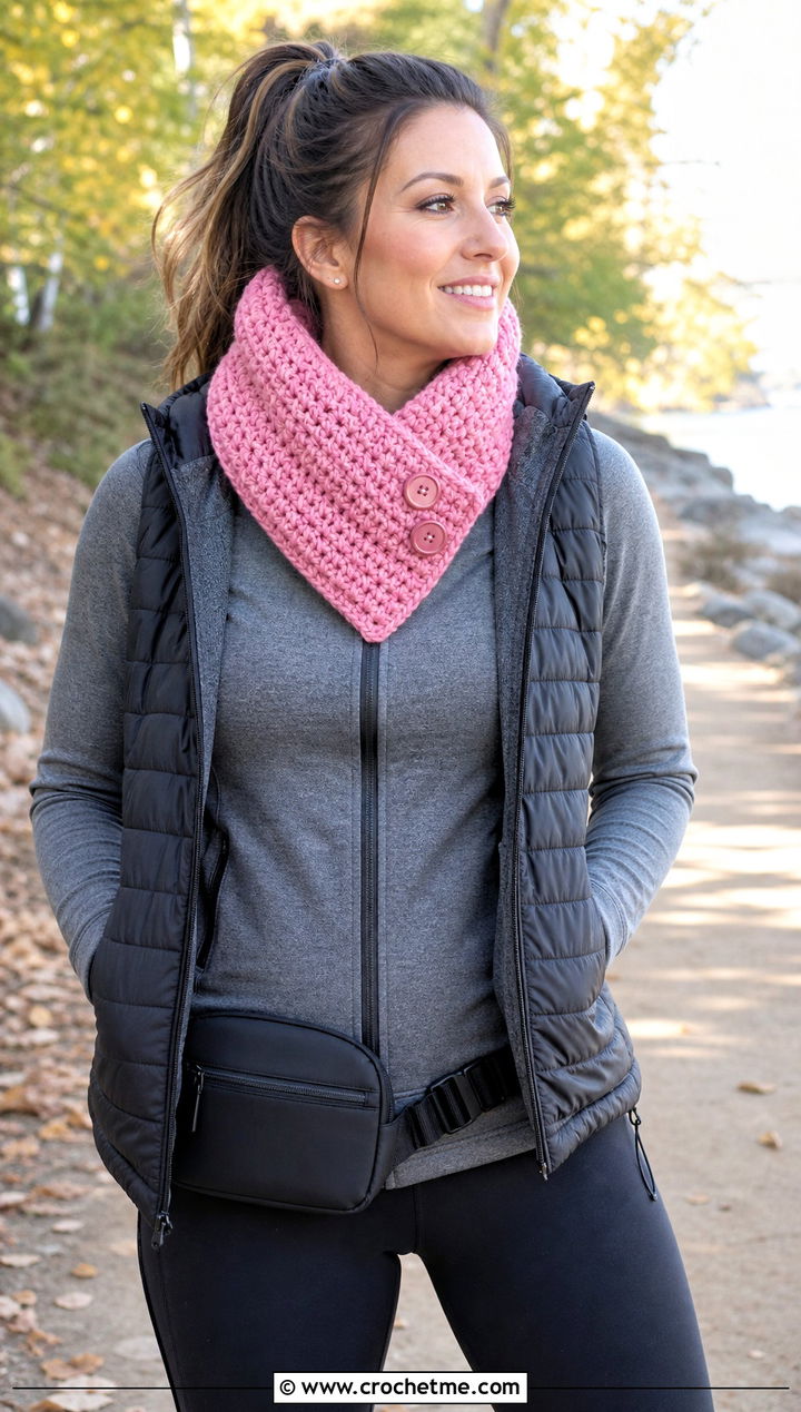 Double Wrap Button Cowl With Athleisure - 15 Button Crochet Scarf outfit ideas