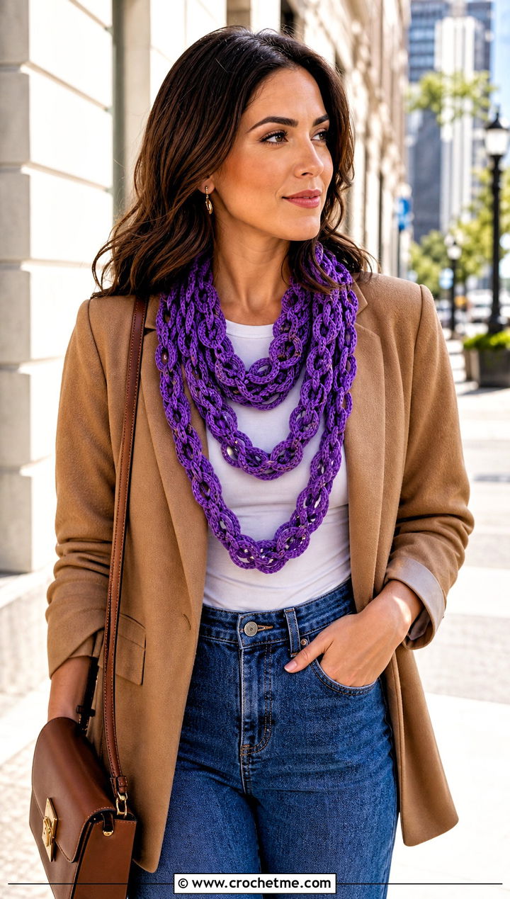 Double Wrap Chain Link Scarf With Blazer And Jeans - 25 Crochet Chain Link Scarf outfit ideas