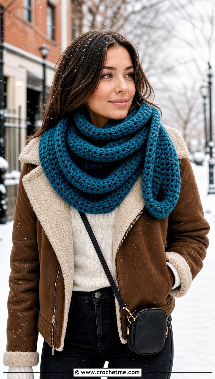 Double Wrap Chunky Yarn Crochet Cowl With Shearling Jacket - 25 Chunky Yarn Crochet Cowl outfit ideas