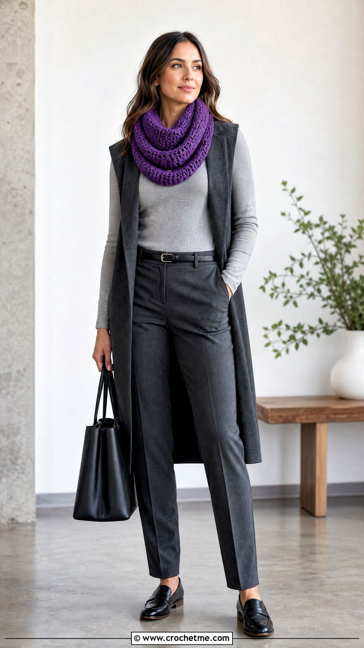 Double Wrap Crochet Cowl Scarf With Vest And Trousers - 35 crochet cowell scarf outfit ideas
