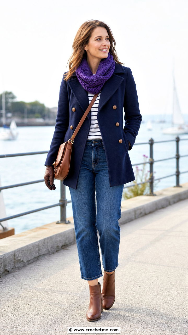 Double Wrap Crochet Cowl With Peacoat - 35 crochet cowl outfit ideas