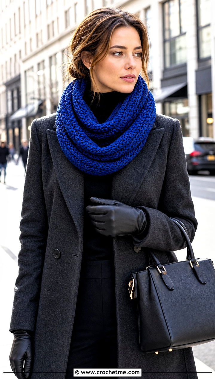 Double Wrap Crochet Infinity Scarf With Wool Coat - 20 Crochet Tube Scarf outfit ideas