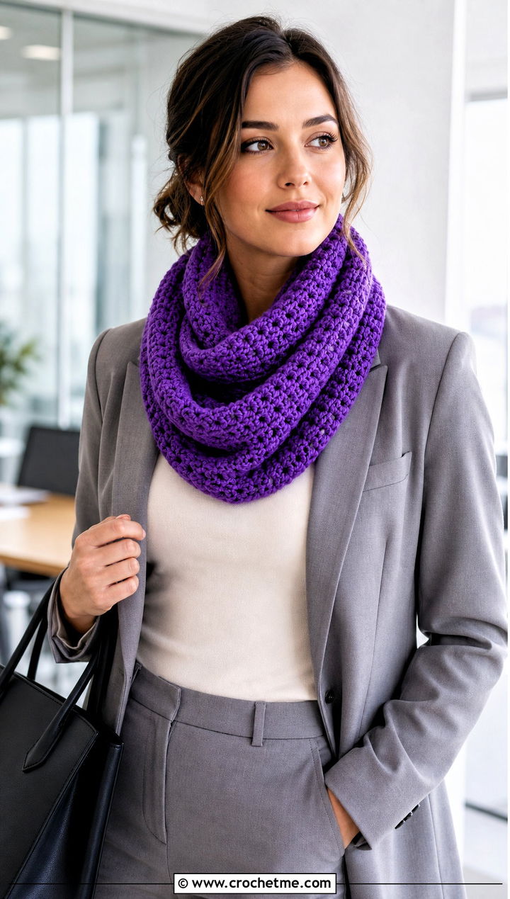 Double Wrap Crochet Snood Scarf With a Pantsuit - 25 crochet snood scarf outfit ideas
