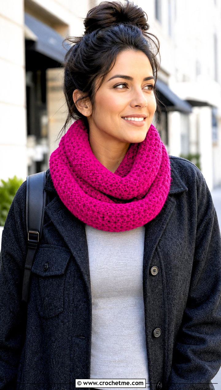 Double Wrap Crochet Velvet Infinity Scarf With Shacket - 25 Crochet Velvet Scarf outfit ideas