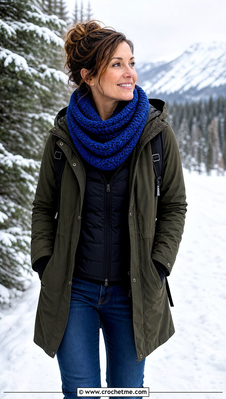 Double Wrap Infinity Crochet Cowl With Parka - 25 cowl crochet scarf outfit ideas