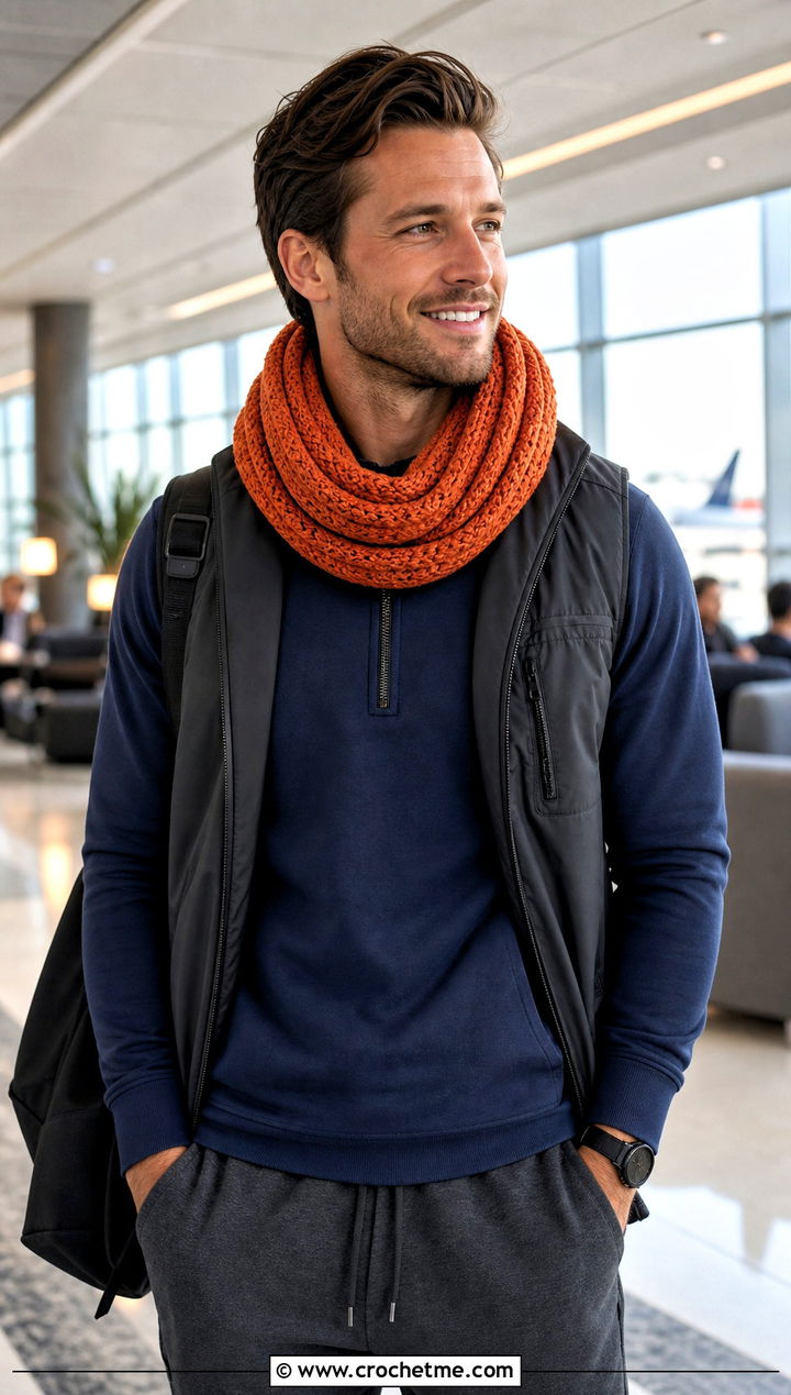 Double Wrap Infinity Crochet Scarf With Athleisure - 30 Mens Crochet Scarf outfit ideas