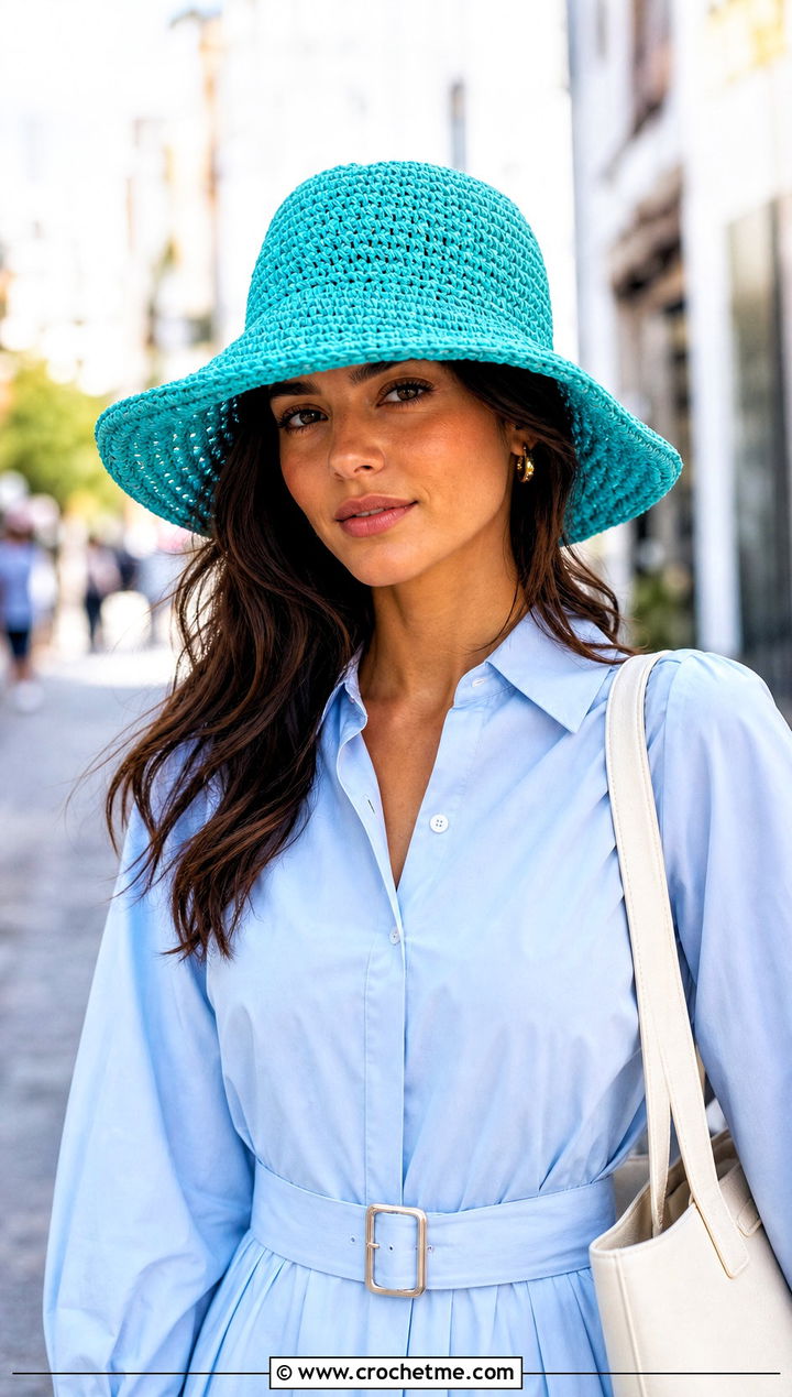 Downturned Brim Crochet Raffia Sun Hat With Shirt Dress - 30 Crochet Raffia Sun Hat outfit ideas