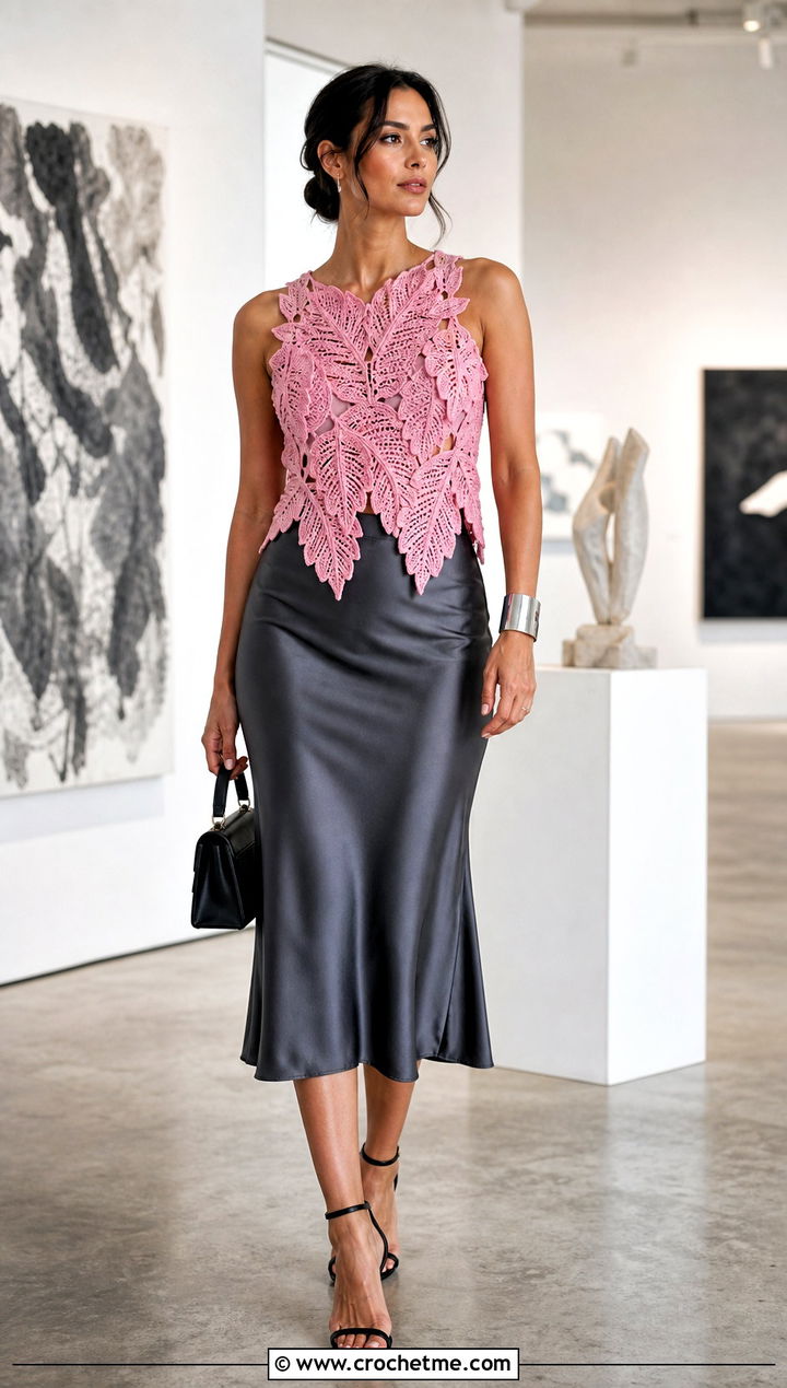 Downward Leaf Crochet Top With Satin Midi Skirt - 15 crochet top with leaf outfit ideas