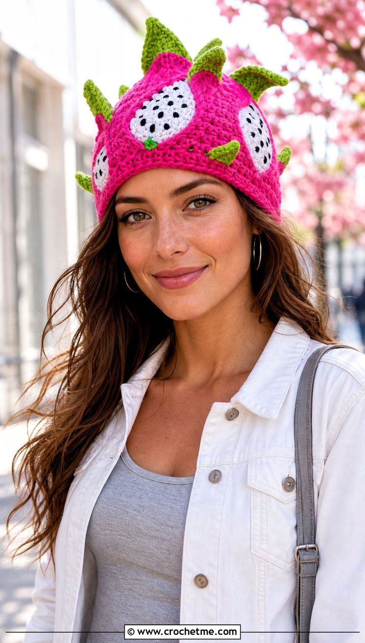 Dragon Fruit Crochet Beanie With White Denim - 30 crochet fruit beanie outfit ideas