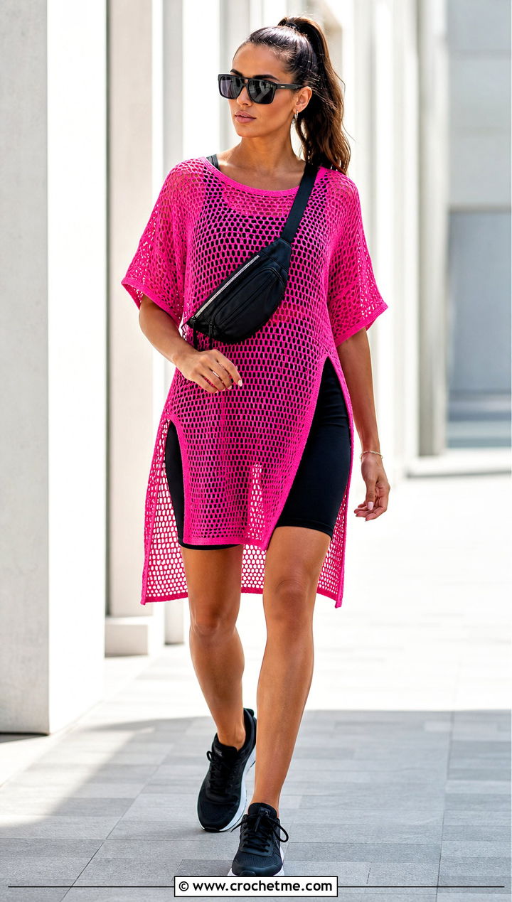 Dragon Fruit Pink Crochet Tunic With Bike Shorts - 35 pink crochet outfit ideas