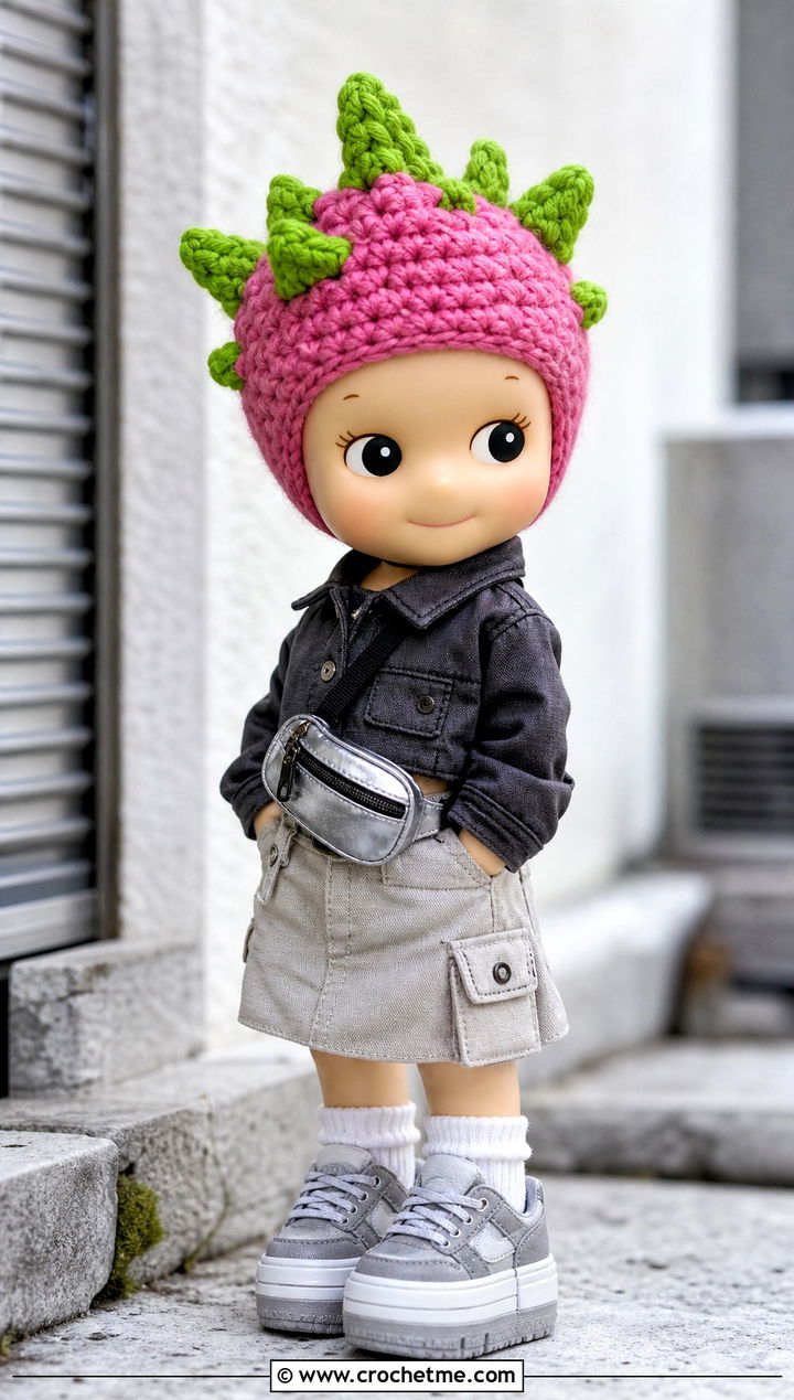 Dragon Fruit Sonny Angel Crochet Hat With Cargo Skirt - 30 sonny angel crochet hat outfit ideas